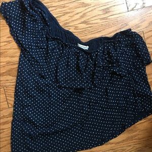 Navy blue one shoulder polka dot blouse